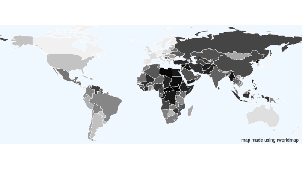 Mapped results of December 2016 wiki survey. The darker the shade of gray, the greater the risk that a new episode of state-led mass killing will begin in 2017 (according to our survey’s respondents).