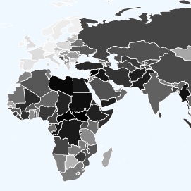 Mapped results of December 2016 wiki survey. The darker the shade of gray, the greater the risk that a new episode of state-led mass killing will begin in 2017 (according to our survey’s respondents).