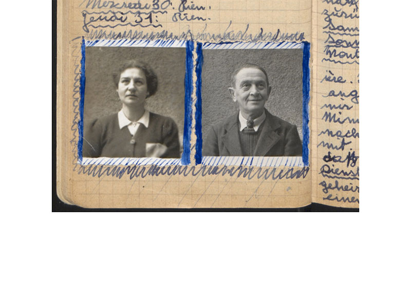 A page from a diary featuring two images, a woman and a man, surrounded by scribbles and handwritten notes