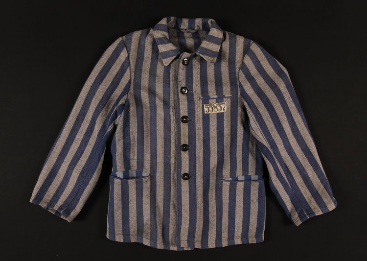 A striped shirt uniform with an identification number on the pocket