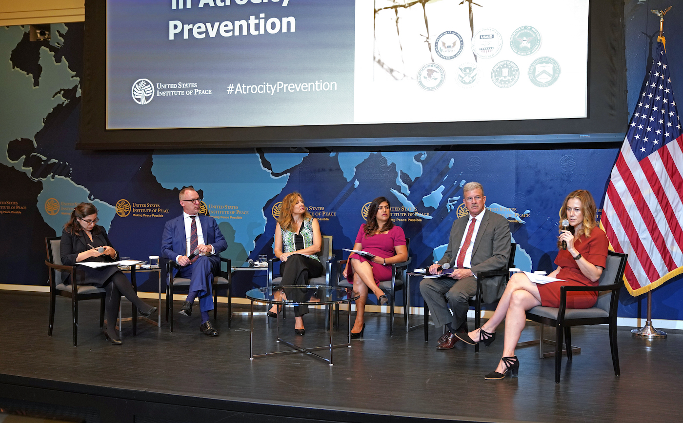 Left to right: Michelle Struck, Deputy Asst. Sec. of Defense for Global Partnerships, U.S. Dept. of Defense, Robert Jenkins, Asst. to the Administrator, Bureau for Conflict Prevention and Stabilization, USAID, Amb. Beth Van Schaack, Ambassador-at-large for Global Criminal Justice, U.S. Dept. of State, Nidhi Bouri, Acting Senior Director, Development, Global Health and Humanitarian Response, U.S. National Security Council, Robert J. Faucher, Principal Deputy Assistant Secretary, Bureau of Conflict and Stabilization Operations, U.S. Department of State, Naomi Kikoler, Director, Simon-Skjodt Center for the Prevention of Genocide, U.S. Holocaust Memorial Museum