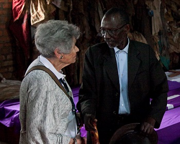 Margit Meissner, a survivor of the Holocaust, and Jean Baptiste Munyankor, a survivor of the Rwandan genocide, talk inside Ntarama Memorial Church in Rwanda, April 1, 2014.