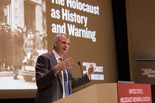 A presenter talks at an event at the Museum, “The Holocaust as History and Warning”