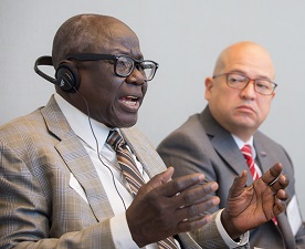 Souleymane Guengueng, Fredy Peccerelli, Reed Brody at the Ferencz International Justice Initiative's inaugural convening in November 2017.