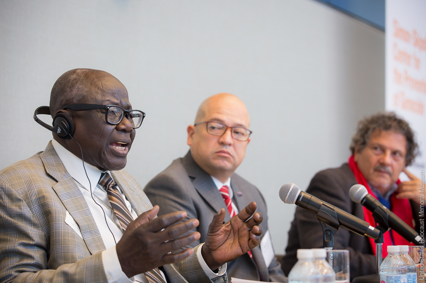 Souleymane Guengueng, Fredy Peccerelli, Reed Brody at the Ferencz International Justice Initiative’s inaugural convening in November 2017.