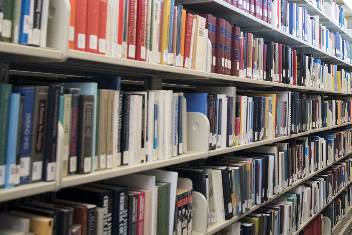 Shelves of library books