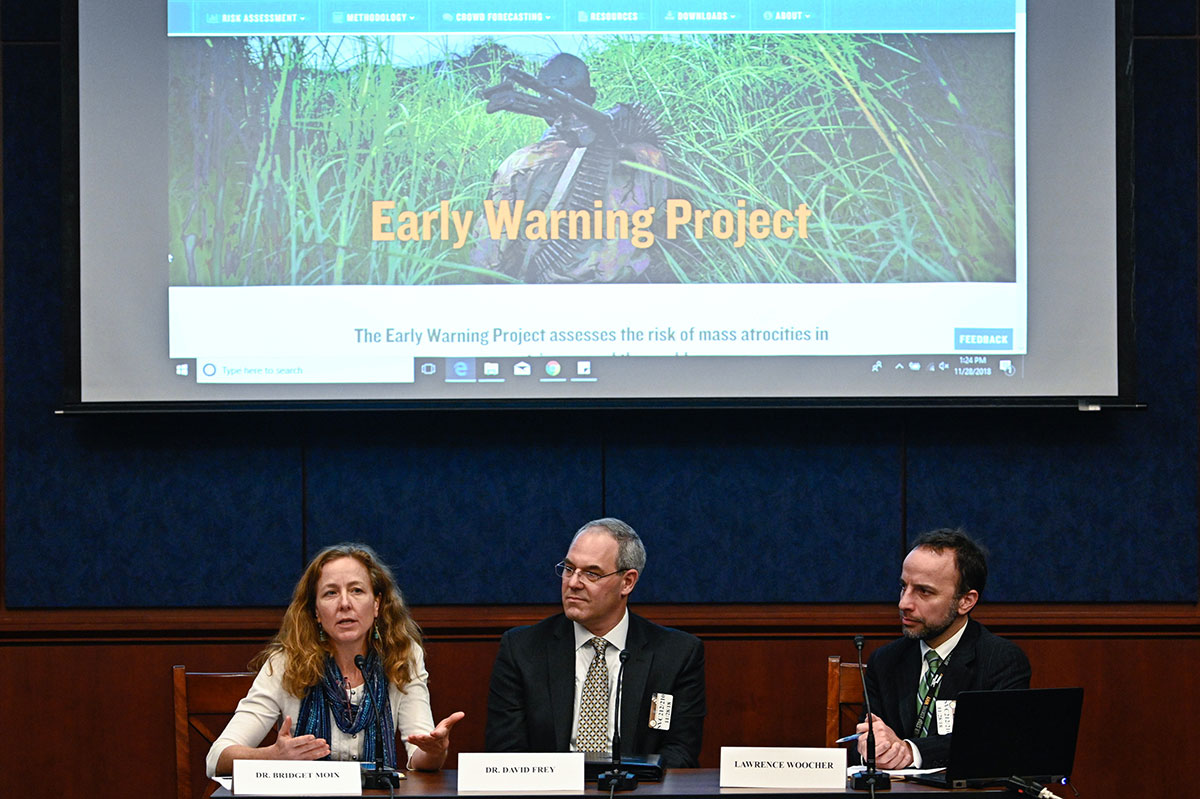 The Simon-Skjodt Center for the Prevention of Genocide presents the Early Warning foreacsting tool on Capitol Hill in November, 2018.