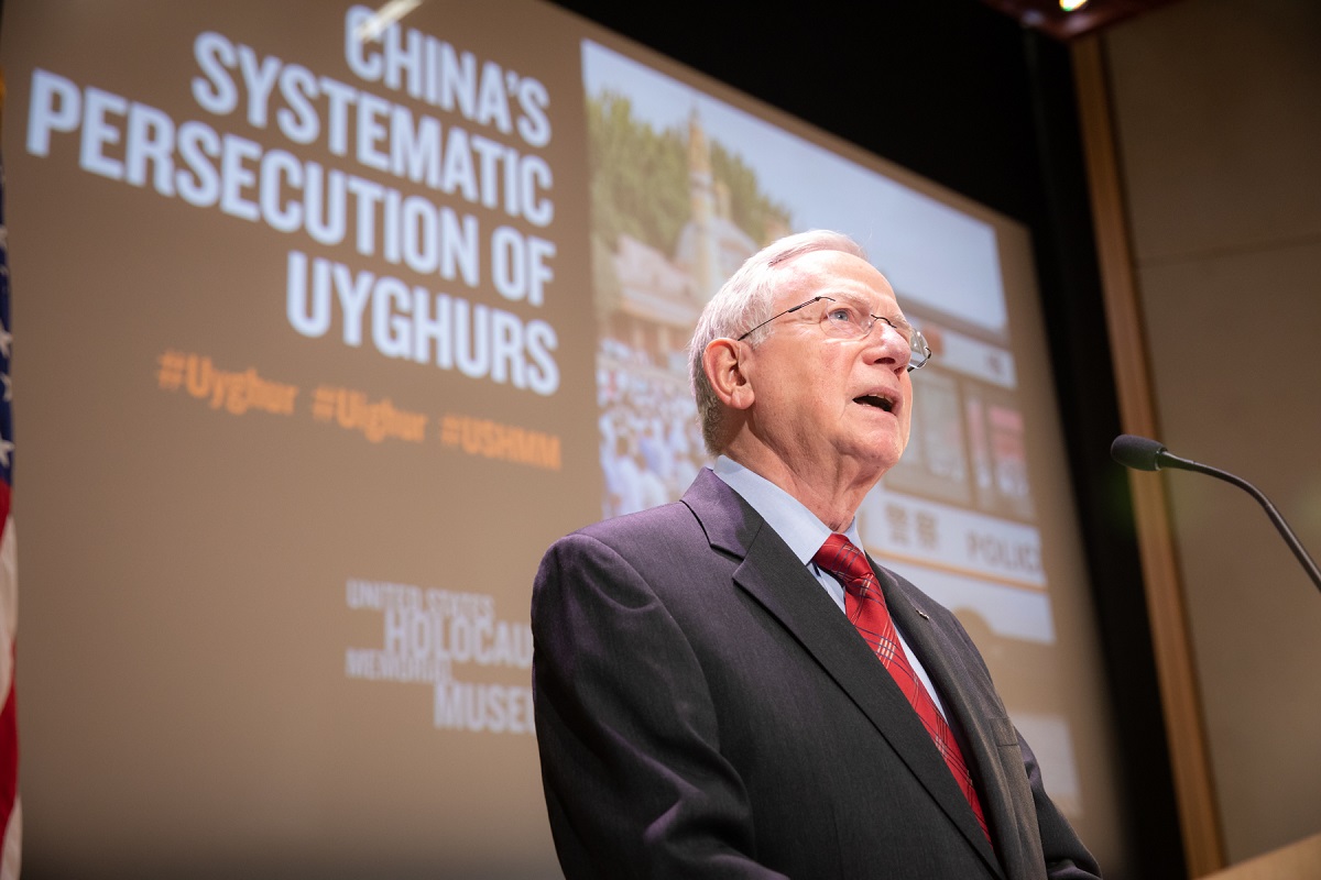 Alfred Münzer delivers remarks at a Museum event calling attention to the crimes China is committing against the Uyghurs and other Muslim minorities. 