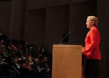 Secretary of State Hillary Clinton delivers the keynote address at a Museum symposium on ending genocide. 