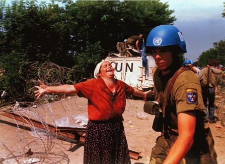 A Bosniak woman at a displaced persons camp in Srebrenica.