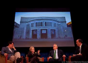 (Left to right) Nicholas Kristof, Madeleine Albright, Richard Williamson, and Mike Abramowitz discuss the Responsibility to Protect on December 13, 2013, in New York City.