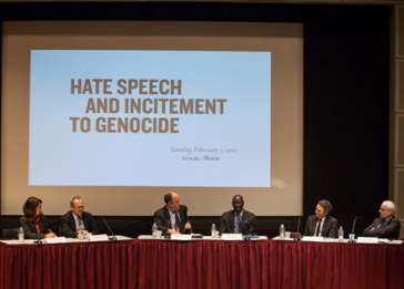 (Left to right) Susan Benesch, Frank LaRue, Mike Abramowitz, Adama Dieng, George Weiss, and Aidan White spoke at the event.