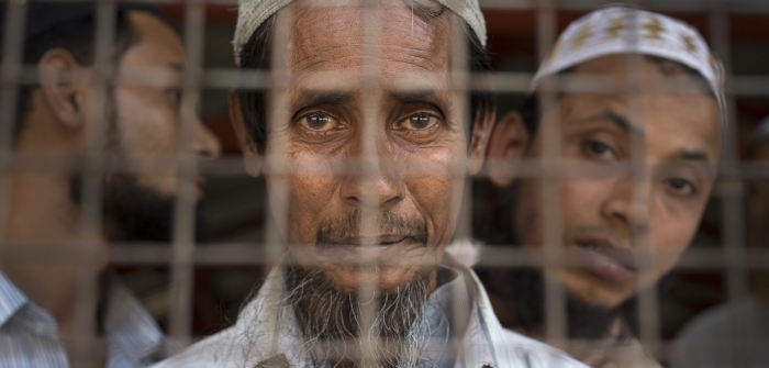 Rohingya gather at a mosque in an internment camp. Mosques throughout the country have been attacked, destroyed, and sometimes turned into Buddhist temples.

