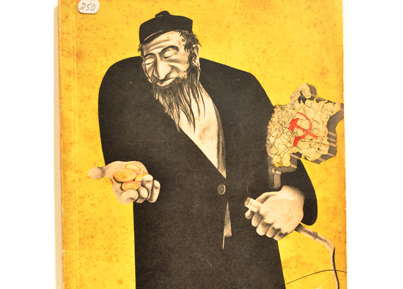 A book cover with an antisemitic drawing of a Jewish man