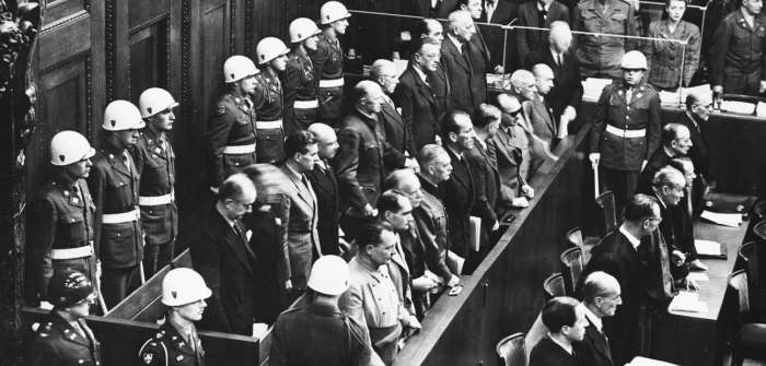 Top Nazi officials stand in the dock during the International Military Tribunal in Nuremberg, Germany.