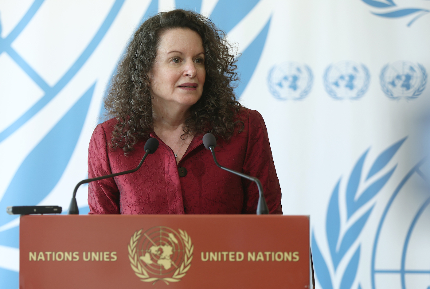 Ambassador Michèle Taylor, US Permanent Representative to the United Nations Human Rights Council, speaks with the media outside the Council chamber following a discussion of Russia’s aggression against Ukraine March 31, 2023.