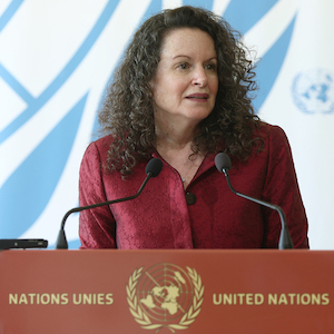 Ambassador Michèle Taylor, US Permanent Representative to the United Nations Human Rights Council, speaks with the media outside the Council chamber following a discussion of Russia's aggression against Ukraine March 31, 2023.