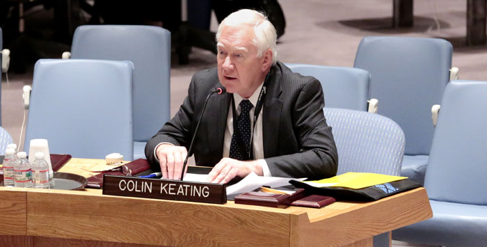 Colin Keating, former permanent representative of New Zealand to the UN and president of the Security Council for the month of April 1994, briefs the Security Council at its recent meeting on the 1994 genocide in Rwanda. “This briefing provides a fitting opportunity for me, in my capacity as former president of the Council, to apologize for what we failed to do in 1994,” he said.