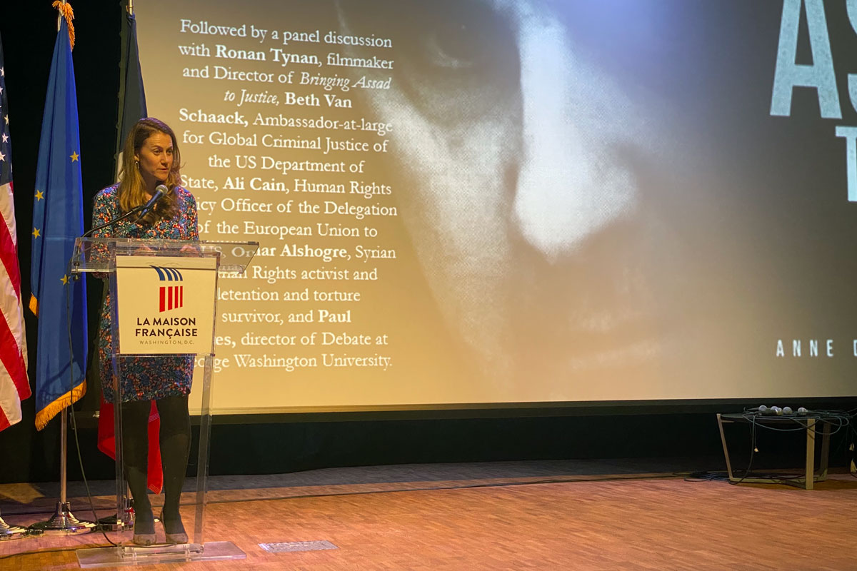 Naomi Kikoler, director of the Simon-Skjodt Center for the Prevention of Genocide delivering remarks at the Embassy of France, April 26, 2022.