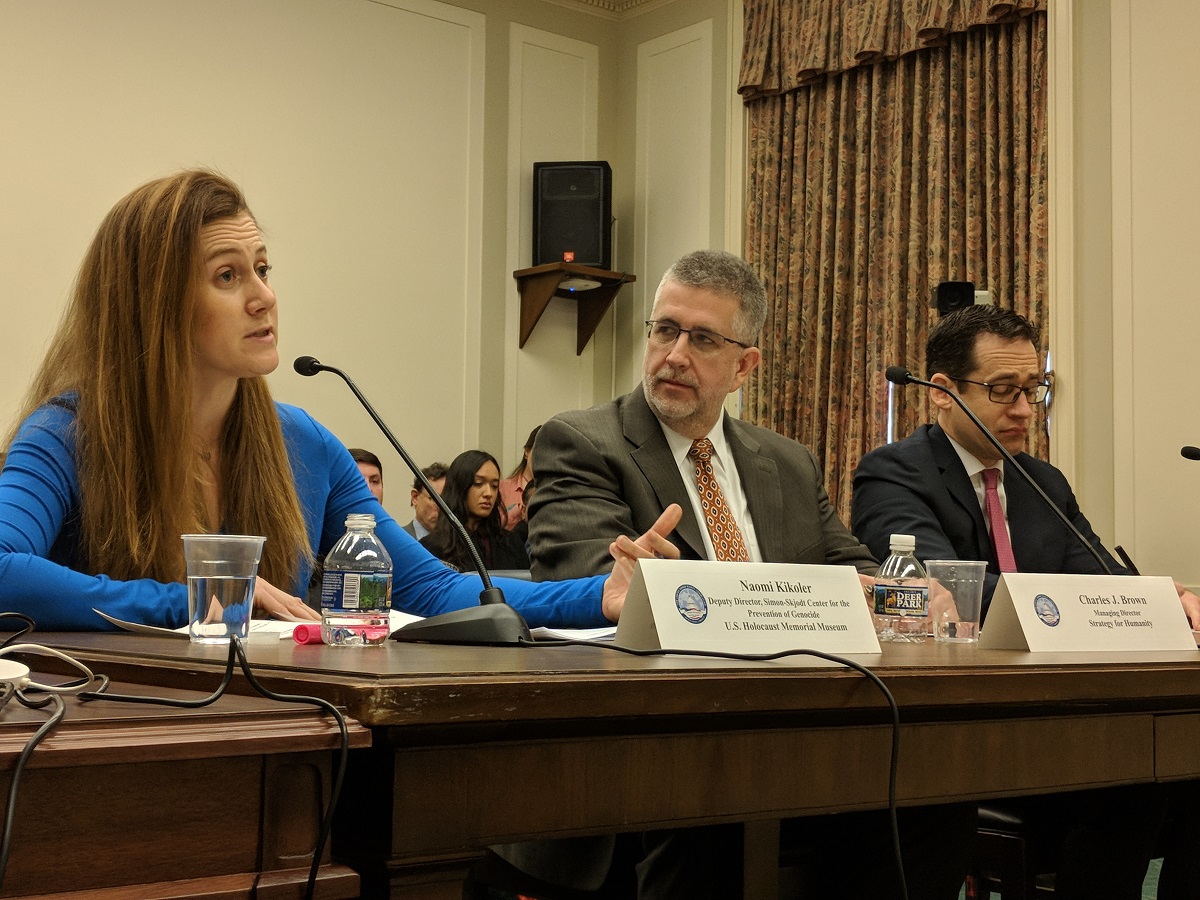 Naomi Kikoler, Charlie Brown, and Richard Fontaine testify at a hearing before the Tom Lantos Human Rights Commission.