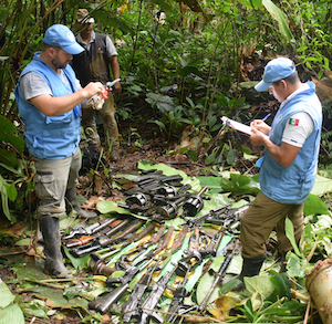 The UN Verification Mission in Colombia (UNVMC), with security and logistical support from the Colombian Armed Forces and help from some members of the FARC-EP (Revolutionary Armed Forces of Colombia-People's Army), cleared 750 of 998 FARC-EP arms caches. The operation required major logistical planning and effort, involving more than 40,000 kilometers travelled by helicopter, boat, land vehicles and horses. July 24, 2017.