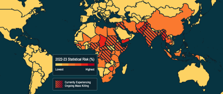 Heat map of estimated risk of new mass killing, 2022–23.