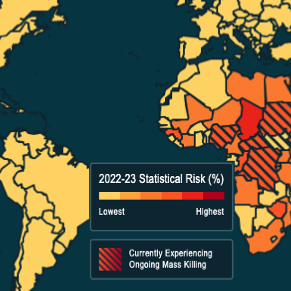 Heat map of estimated risk of new mass killing, 2022–23.