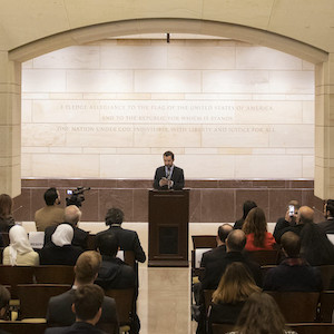 Mouaz Moustafa, director of the Syrian Emergency Task Force, speaks at a Museum event on Capitol Hill commemorating nine years of atrocities in Syria. March 11, 2020.