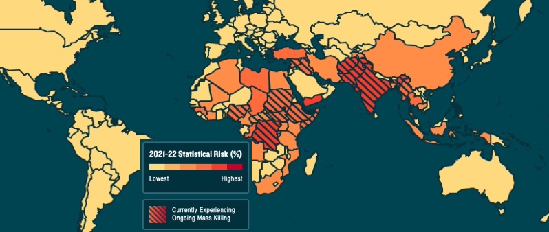 Heat map of estimated risk of new mass killing, 2021–22.