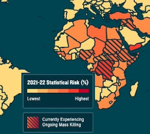 Heat map of estimated risk of new mass killing, 2021–22.