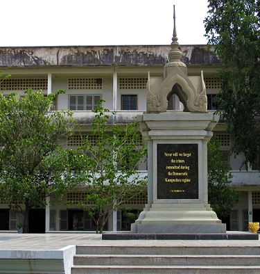 The memorial stupa outside the Tuol Sleng Genocide Museum, formerly a Khmer Rouge torture center.