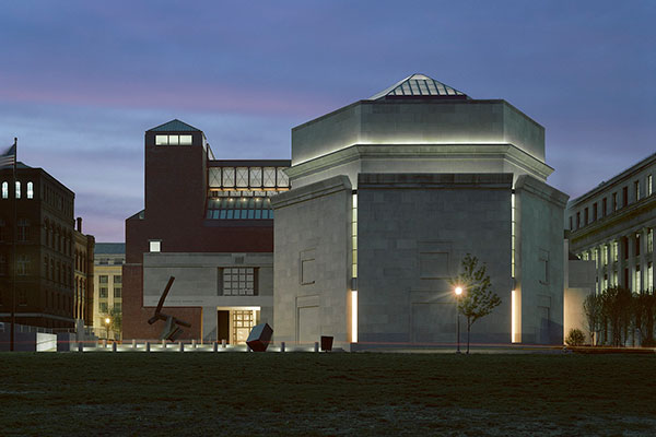 An exterior view of the Museum at sunset